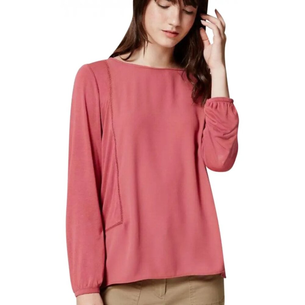 Loft Long Sleeve Loose Fit Blouse Womens Size S Pink Lace Inset Flowy Casual Top